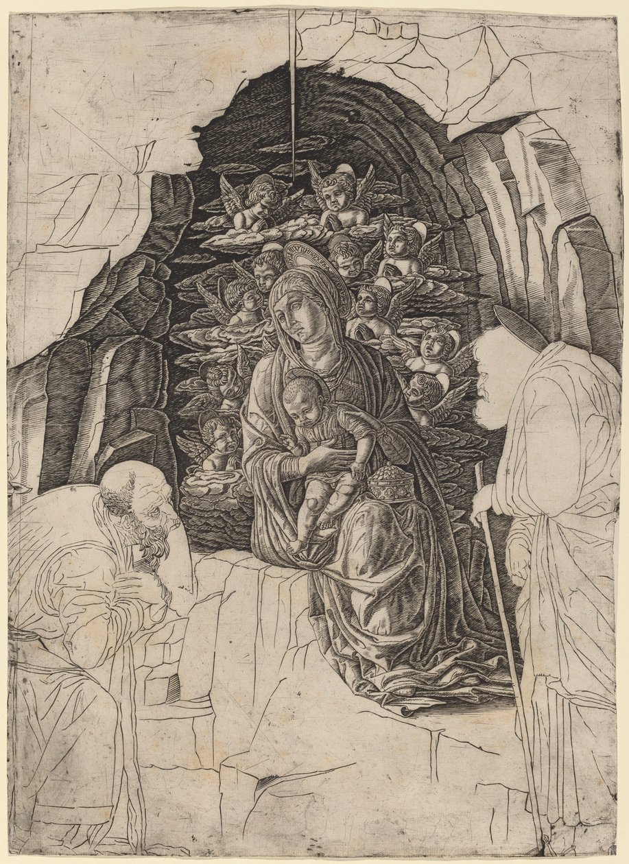De Aanbidding der Wijzen (Maagd in de Grot) door Workshop of Andrea Mantegna