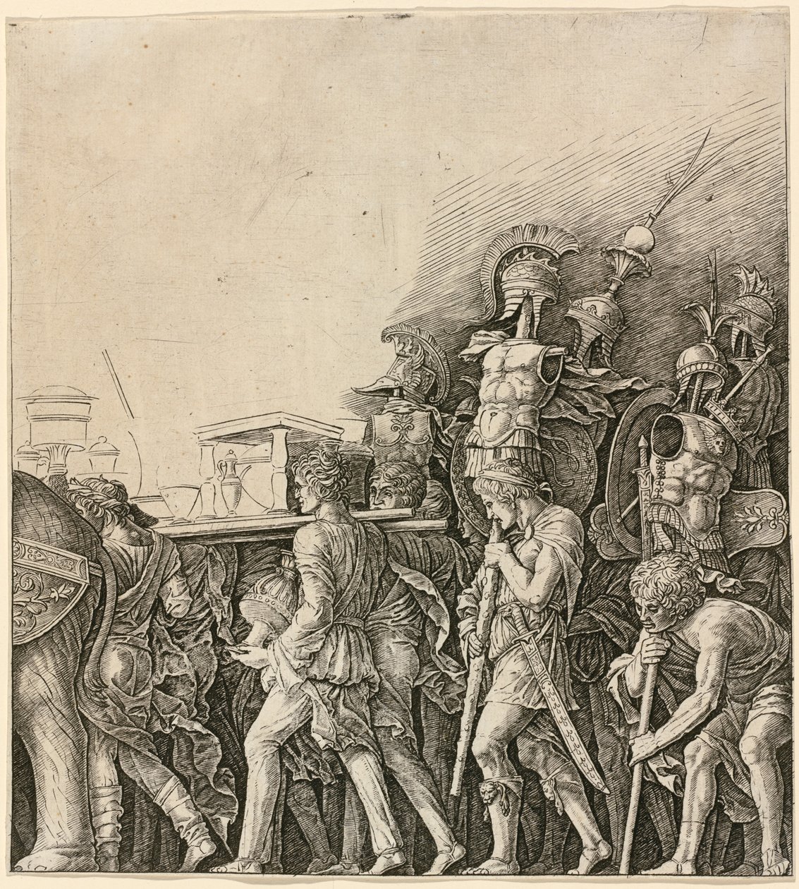 De Triomf van Caesar: Soldaten die Trofeeën Dragen door Workshop of Andrea Mantegna
