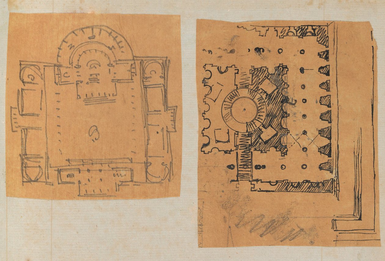 Pagina uit een plakboek met tekeningen en verschillende prenten van architectuur, ca. 1800-1850. Makers: Werkplaats van Charles Percier, Werkplaats van Pierre François Léonard Fontaine door Workshop of Charles Percier, Workshop of Pierre