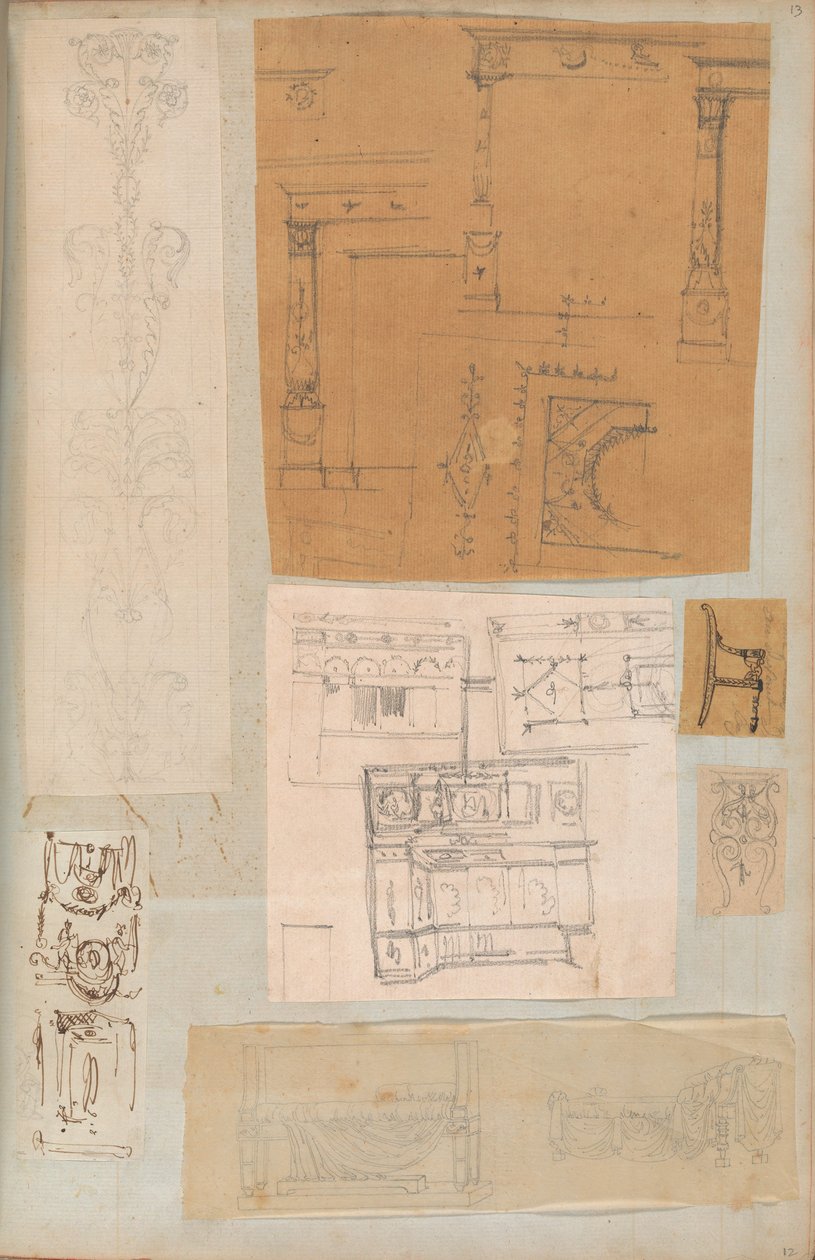 Pagina uit een Plakboek met Tekeningen en Verschillende Afdrukken van Architectuur door Workshop of Charles Percier, Workshop of Pierre