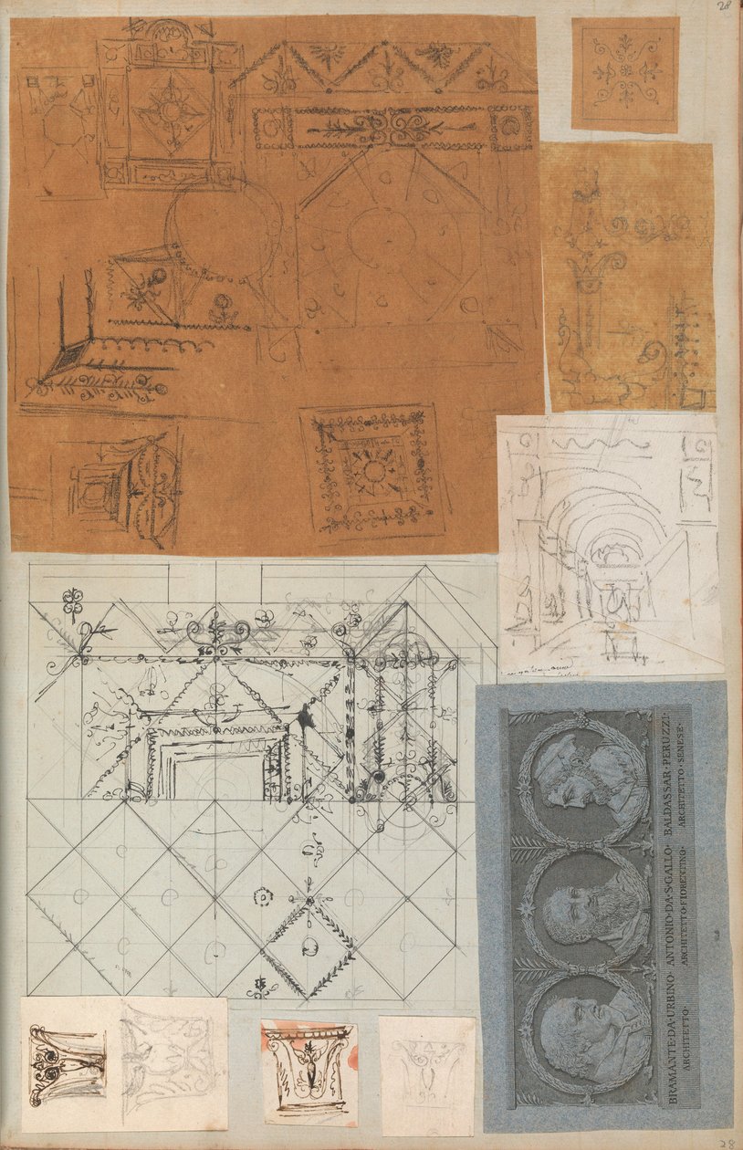 Pagina uit een plakboek met tekeningen en verschillende prenten van architectuur, ca. 1800-1850 door Workshop of Charles Percier, Workshop of Pierre