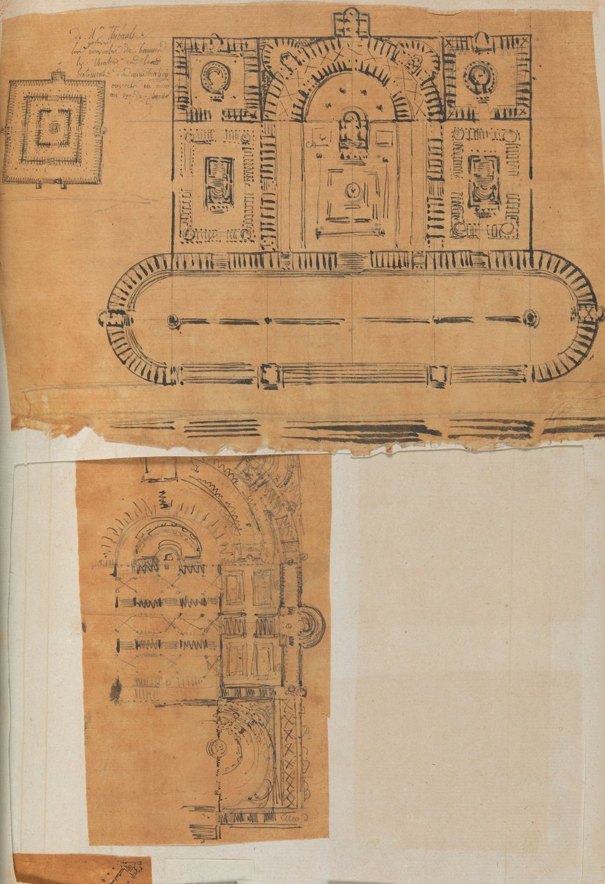 Pagina uit een plakboek met tekeningen en verschillende architectuurprenten door Workshop of Charles Percier, Workshop of Pierre