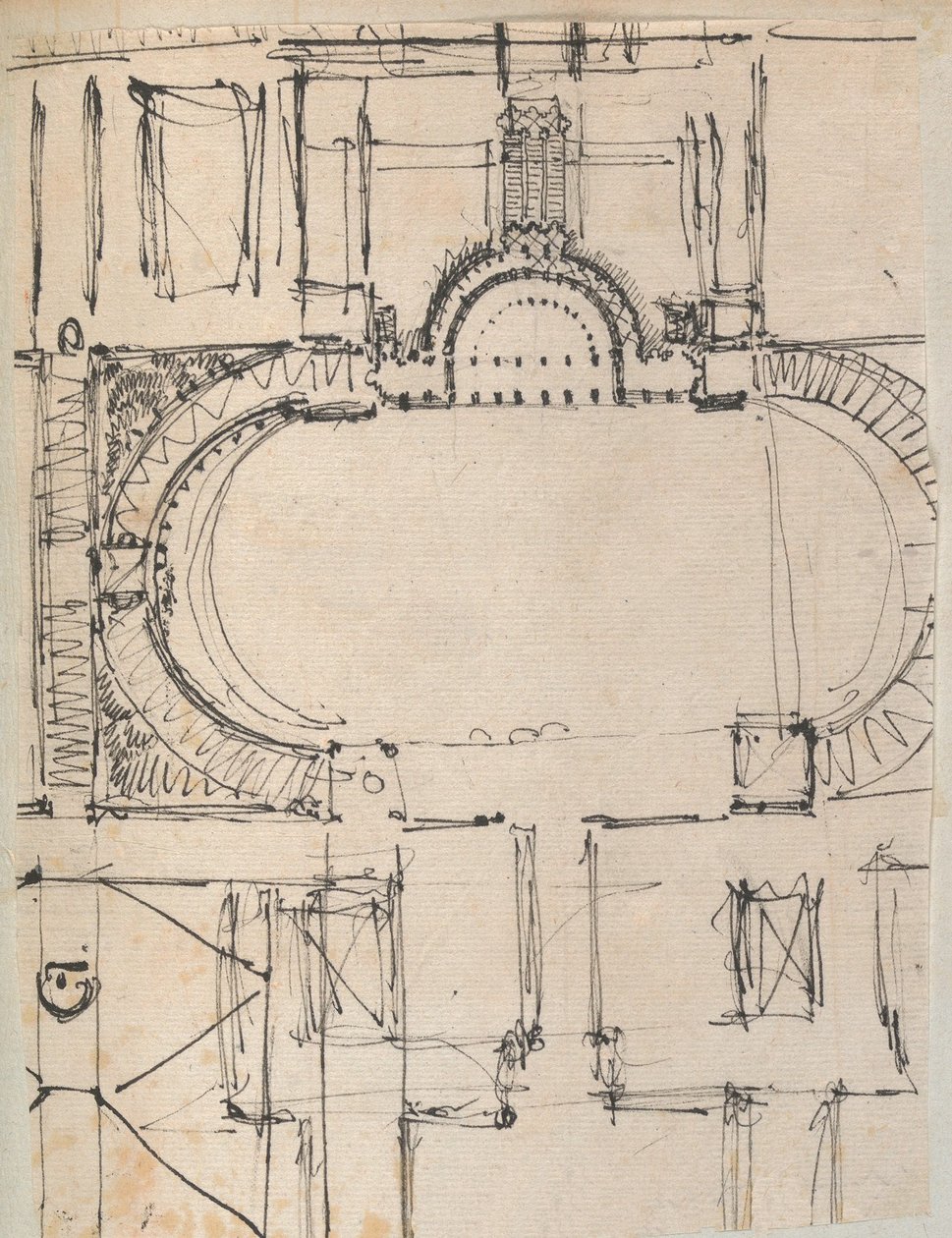 Pagina uit een plakboek met tekeningen en verschillende prenten van architectuur door Workshop of Charles Percier, Workshop of Pierre