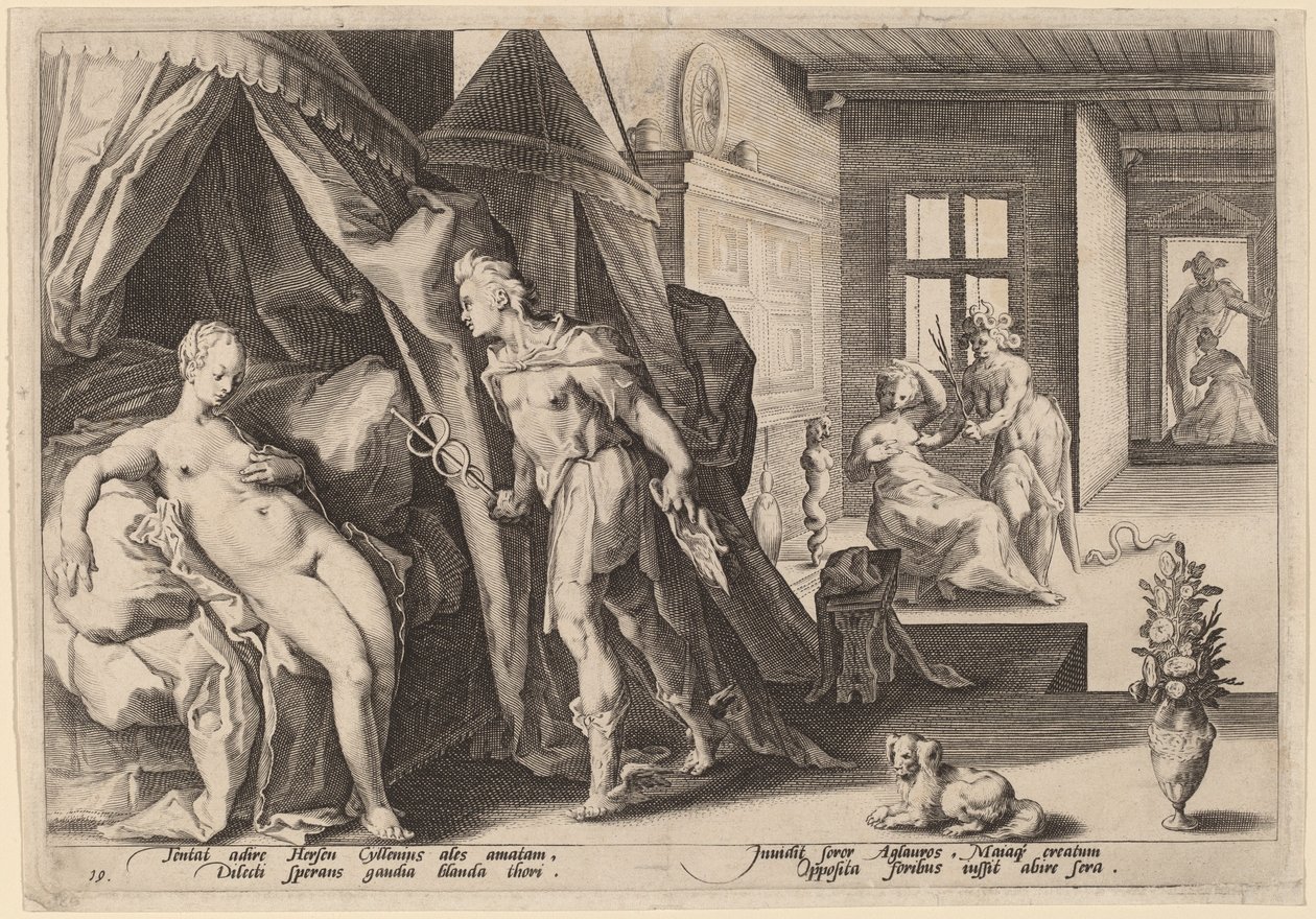Mercurius betreedt de kamer van Herse na Agraulos in steen te hebben veranderd door Workshop of Hendrick Goltizus, after Hendrick Goltzius