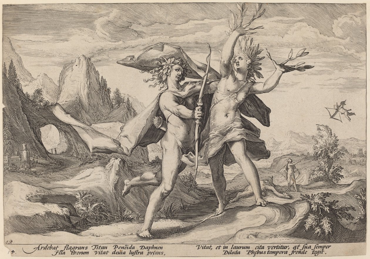 Daphne verandert in een laurierboom door Workshop of Hendrick Goltzius, after Hendrick Goltzius