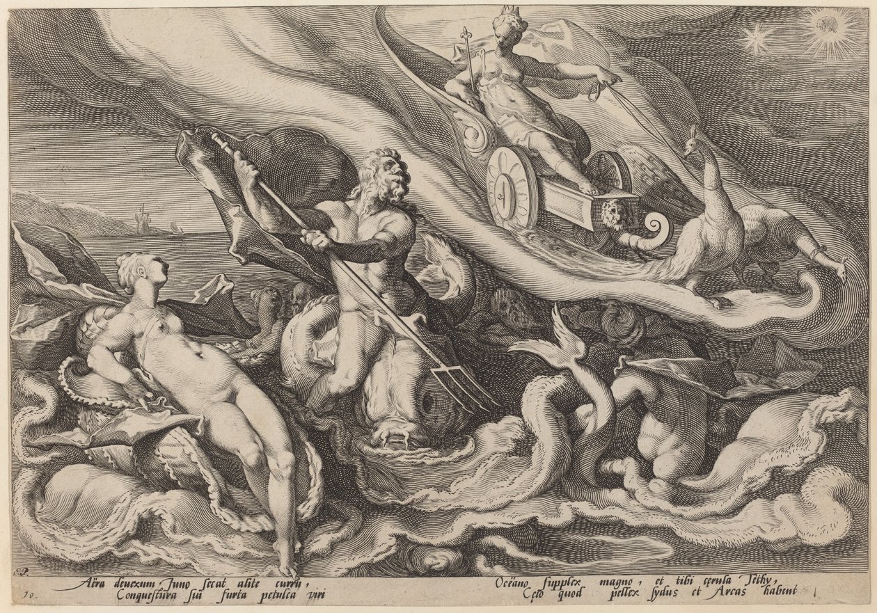 Juno klaagt bij Oceanus en Tethys over Callisto door Workshop of Hendrick Goltzius, after Hendrick Goltzius