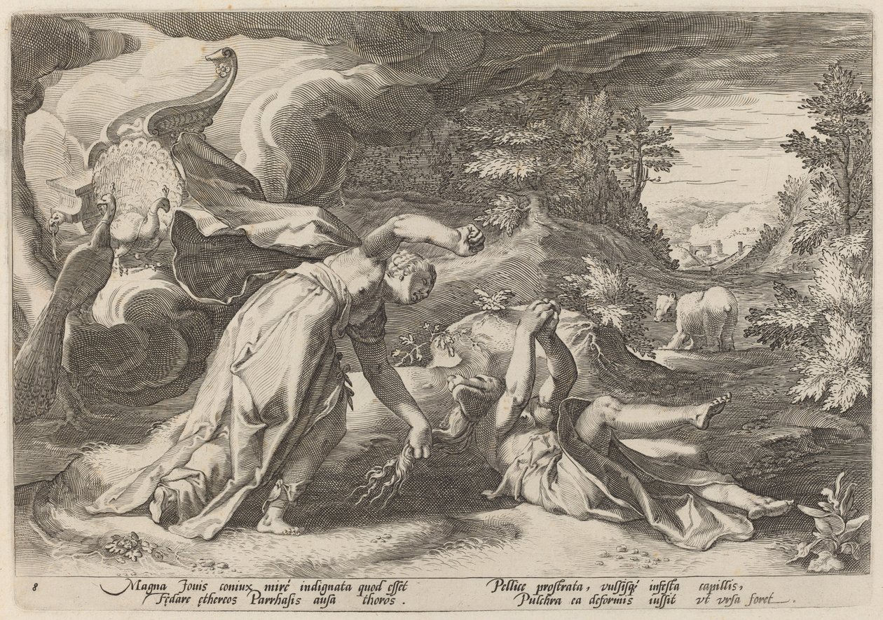 Juno verandert Callisto in een beer door Workshop of Hendrick Goltzius, after Hendrick Goltzius