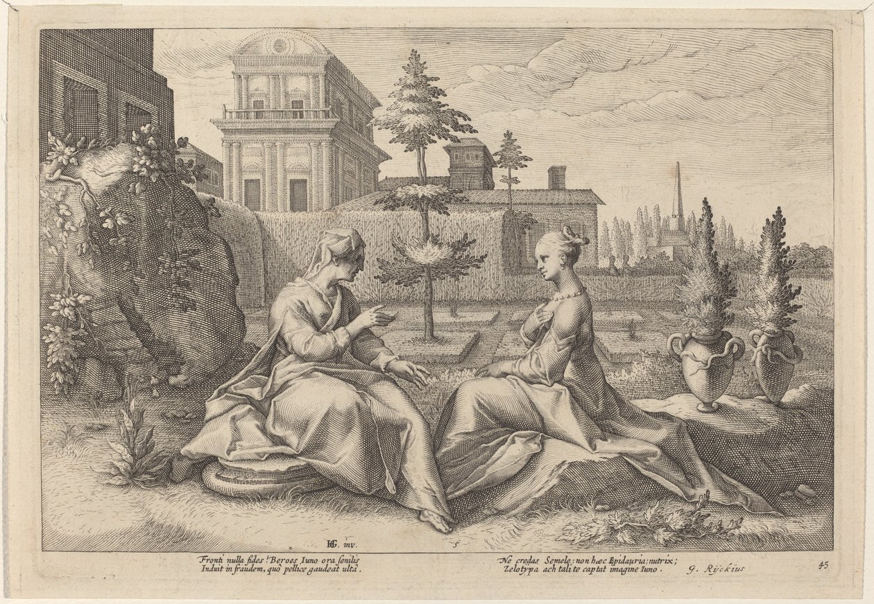 Juno in de Vorm van Beroe, Waarschuwt Semele door Workshop of Hendrick Goltzius, after Hendrick Goltzius