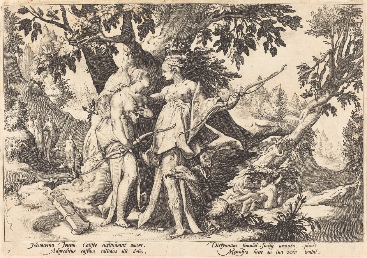 Jupiter in de gedaante van Diana verleidt Callisto door Workshop of Hendrick Goltzius, after Hendrick Goltzius