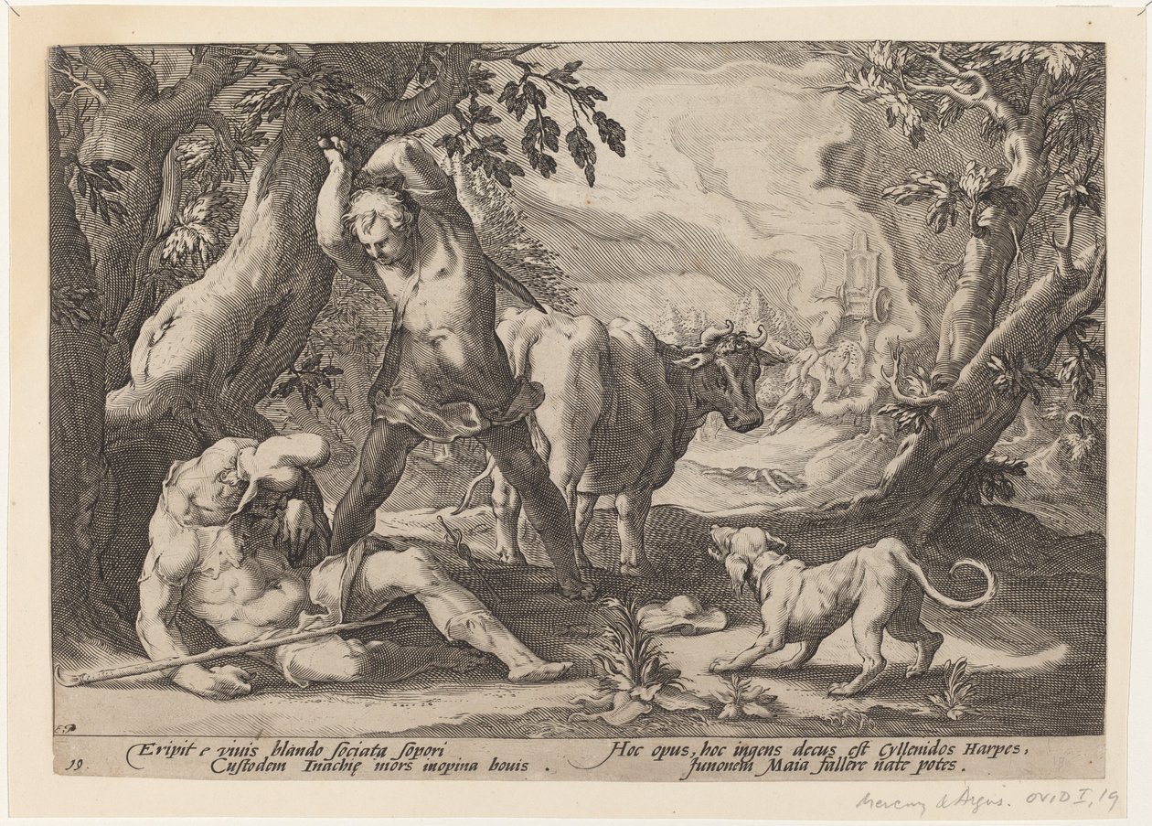 Landschap met Mercurius die zijn zwaard heft om een slapende Argus te doden door Workshop of Hendrick Goltzius, after Hendrick Goltzius