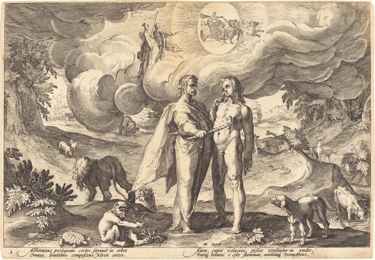 Prometheus maakt de mens en bezielt hem met vuur uit de hemel door Workshop of Hendrick Goltzius, after Hendrick Goltzius