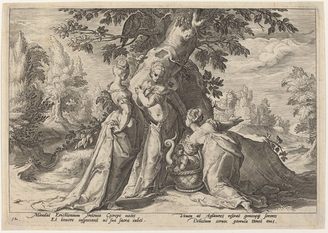 De dochters van Cecrops openen de kist die hen door Minerva is toevertrouwd door Workshop of Hendrick Goltzius, after Hendrick Goltzius