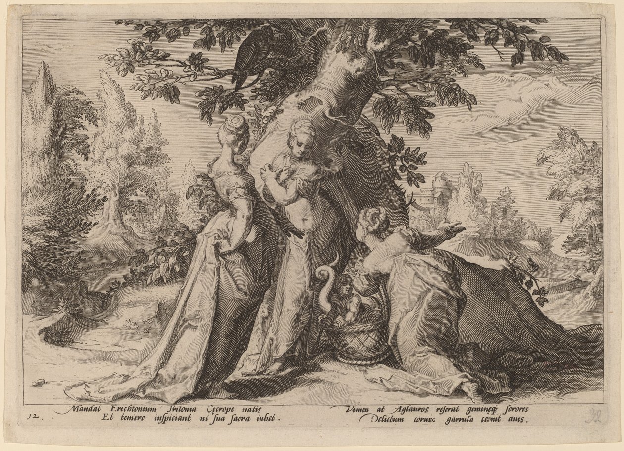 De dochters van Cecrops openen de kist die hen door Minerva is toevertrouwd door Workshop of Hendrick Goltzius, after Hendrick Goltzius