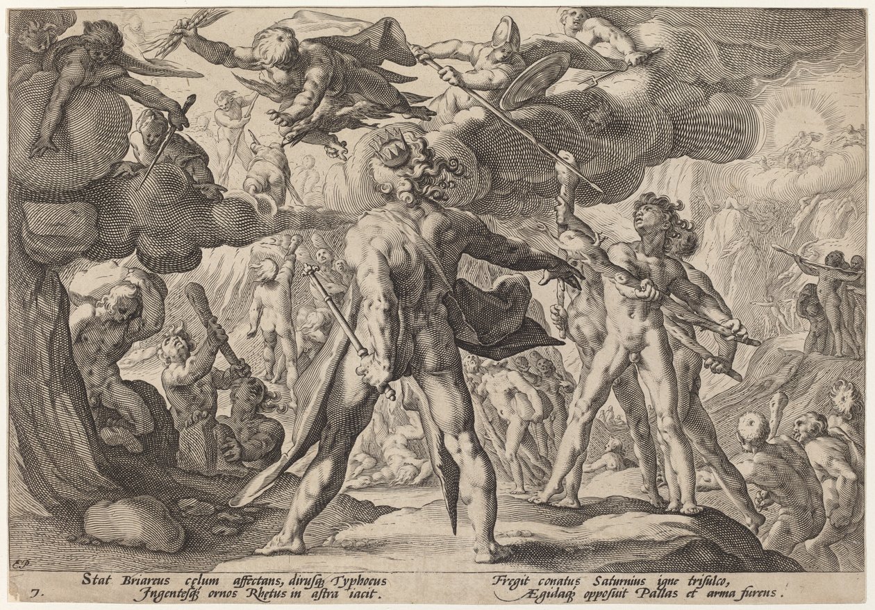 De reuzen beklimmen de hemel door Workshop of Hendrick Goltzius, after Hendrick Goltzius
