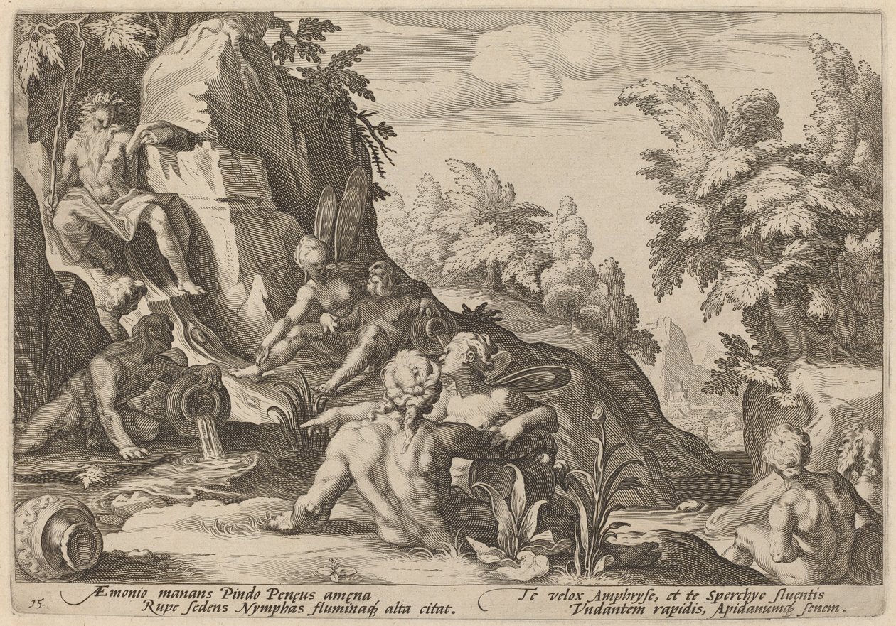 De Riviergod Peneus Omringd door Andere Godheden door Workshop of Hendrick Goltzius, after Hendrick Goltzius