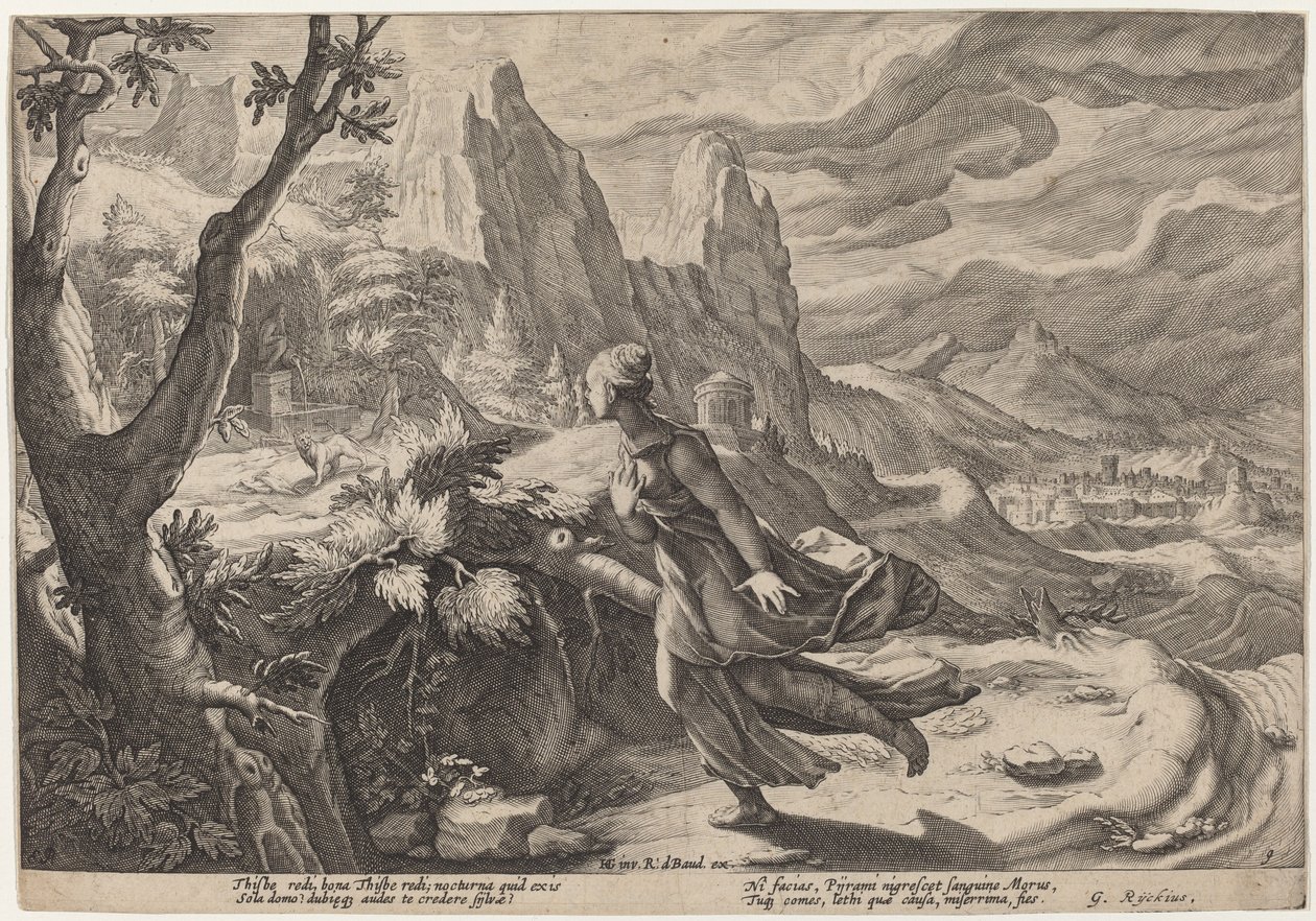 Thisbe bang voor de leeuw door Workshop of Hendrick Goltzius, after Hendrick Goltzius
