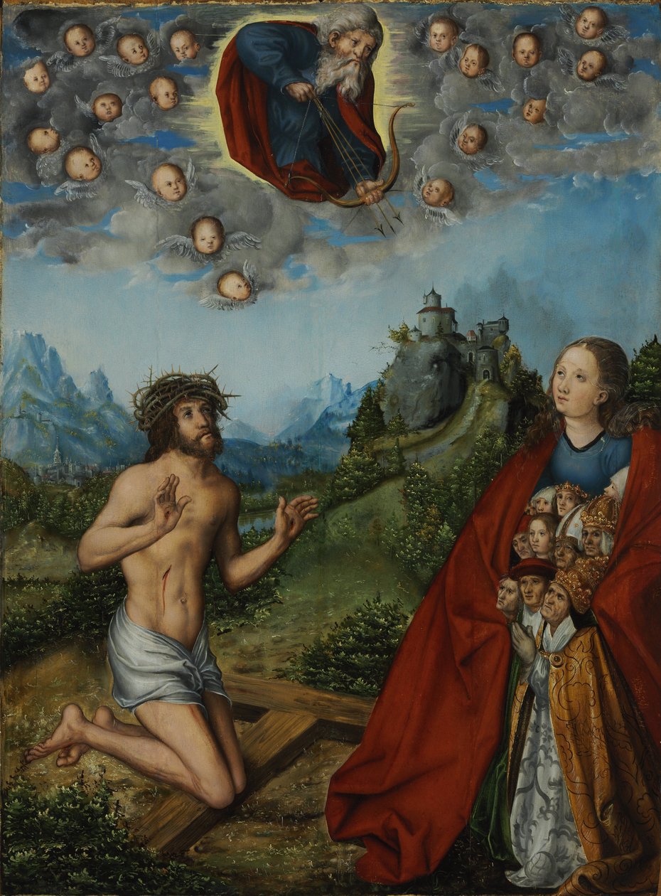 Christus en de Maagd die voor de mensheid bemiddelen bij God de Vader (De drie plagen) door workshop of Lucas Cranach the Elder