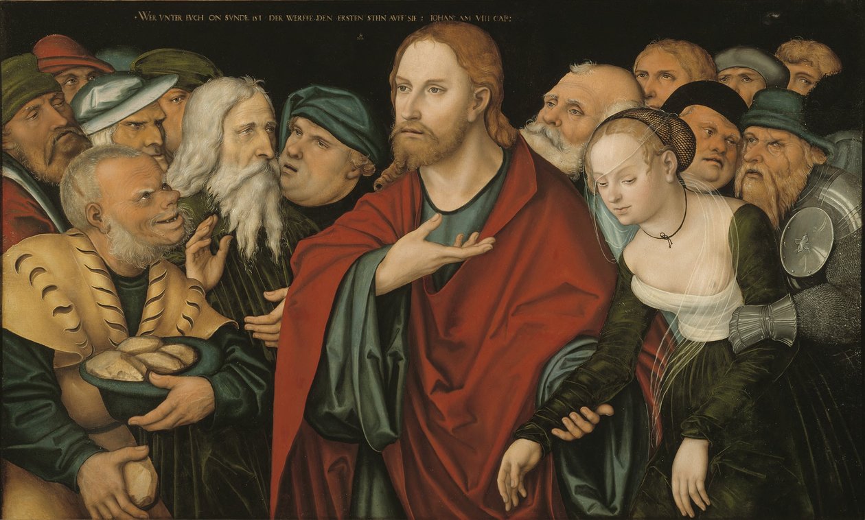 Duits: Christus und die Ehebrecherin Christus en de overspelige vrouw door workshop of Lucas Cranach the Elder