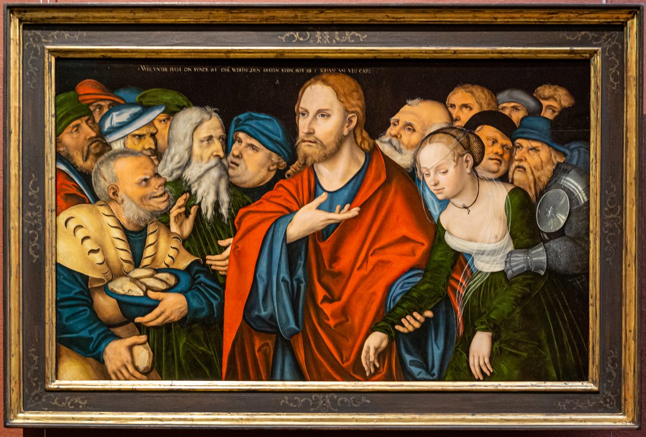 Duits: Christus und die Ehebrecherin Christus en de overspelige vrouw door workshop of Lucas Cranach the Elder