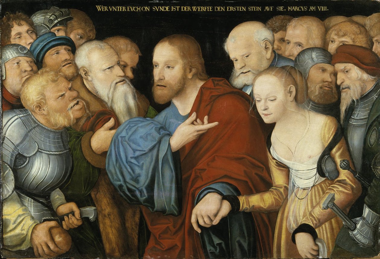 Duits: Christus und die Ehebrecherin Christus en de overspelige vrouw door workshop of Lucas Cranach the Elder