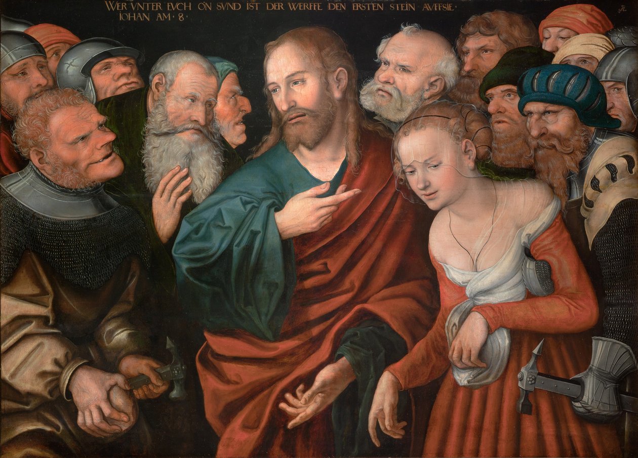 Duits: Christus und die Ehebrecherin Jezus Christus en de overspelige vrouw door workshop of Lucas Cranach the Elder