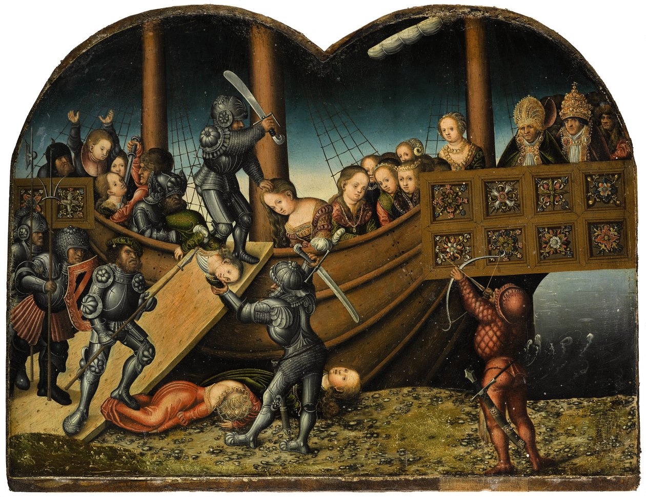 Duits: Das Martyrium der Heiligen Ursula Het martelaarschap van de heilige Ursula en de elfduizend maagden door workshop of Lucas Cranach the Elder