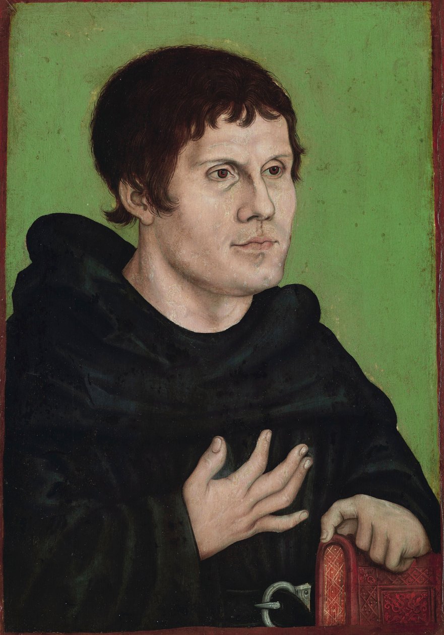 Duits: Posthumes Bildnis Martin Luthers (1483-1546) als Augustinermönch Postuum portret van Maarten Luther als Augustijner monnik door workshop of Lucas Cranach the Elder