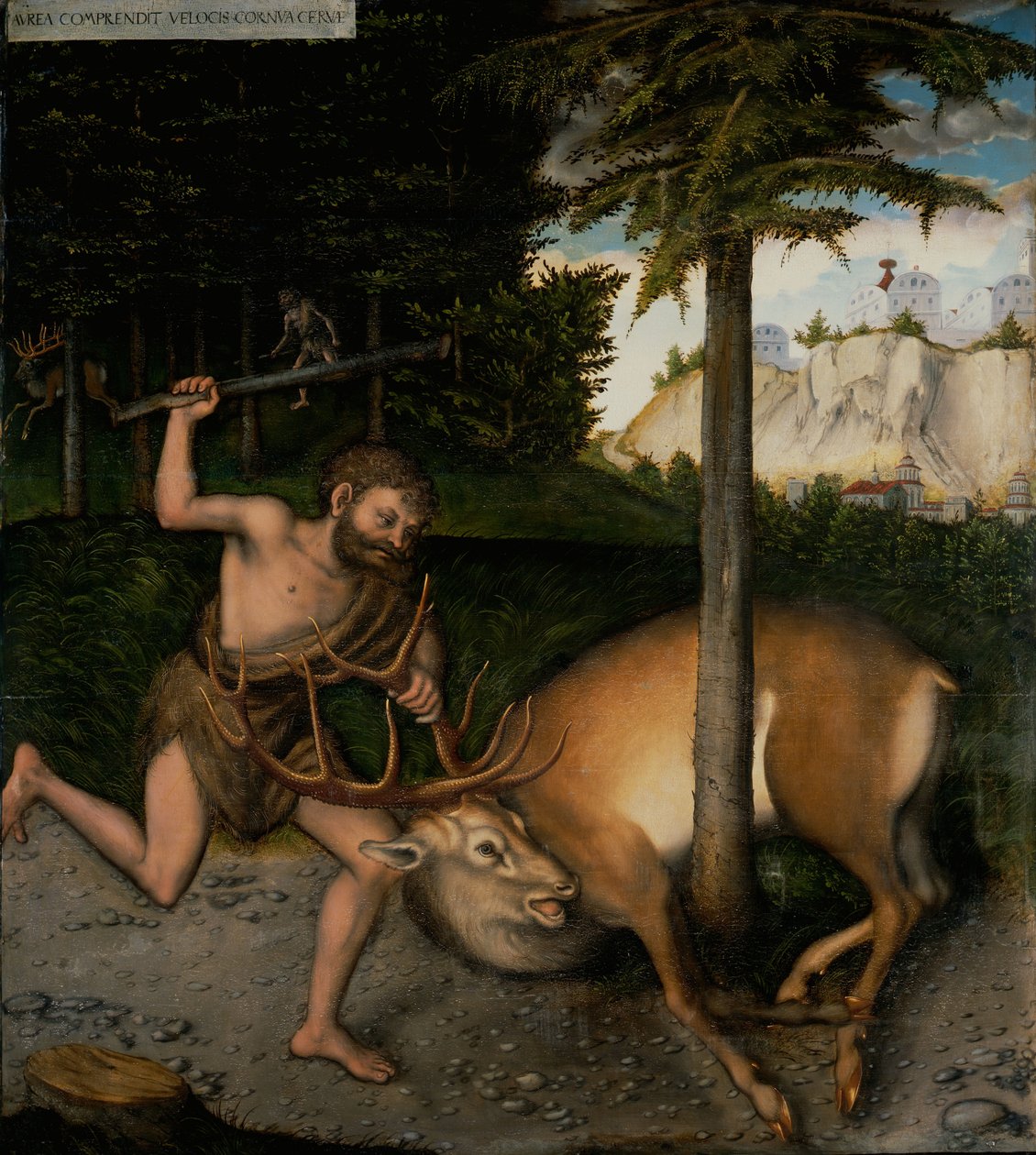 Hercules en het Arcadische hert door workshop of Lucas Cranach the Elder