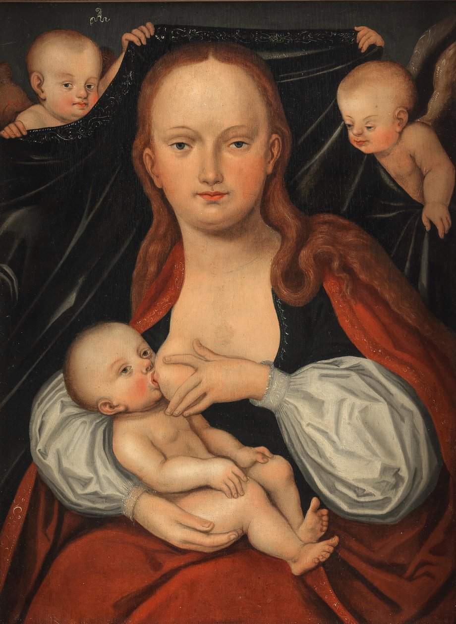 De Madonna met kind voor een gordijn, vastgehouden door twee engelen door workshop of Lucas Cranach the Elder