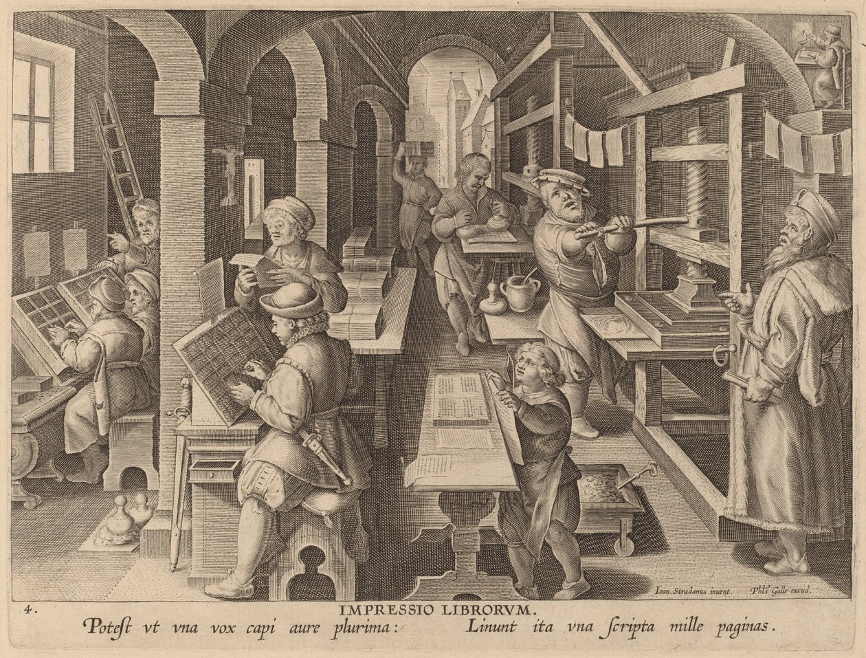 Impressio Liborum (Boeken drukken) door Workshop of Philip Galle after Jan van der Straet