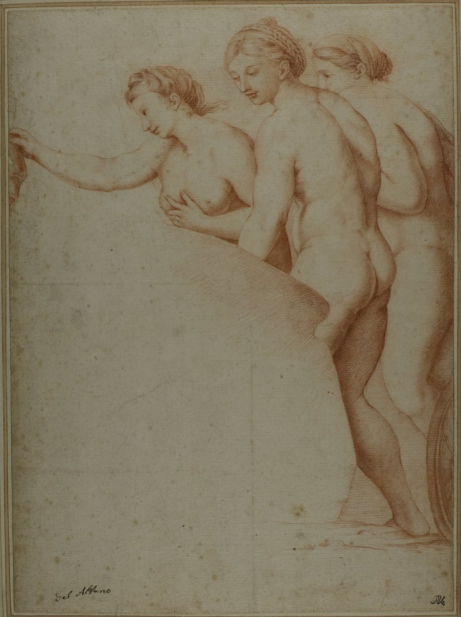 Drie naakte vrouwen door Workshop of Raphael