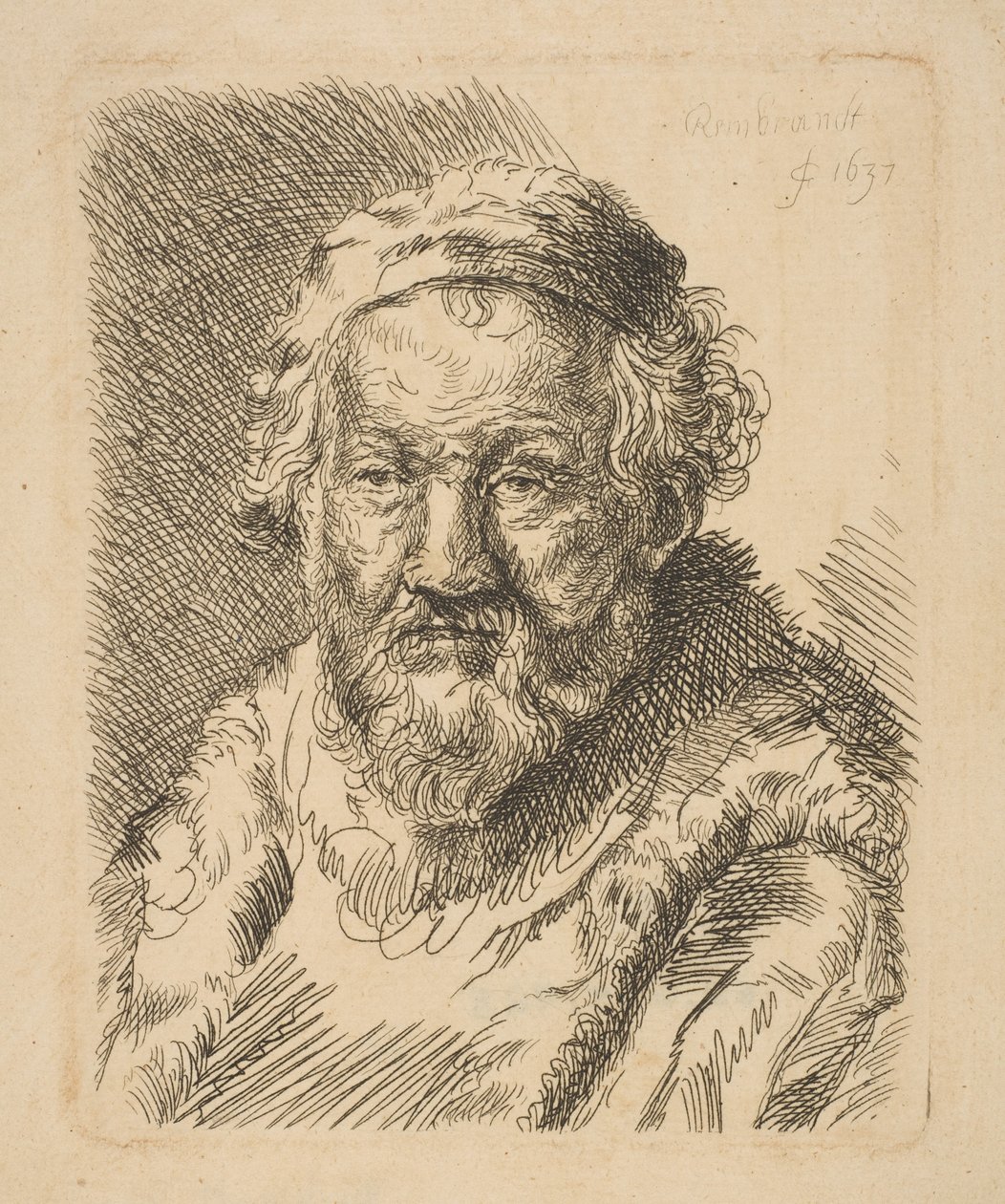 Buste van een oude man in een jas en bontkraag door Workshop of Rembrandt