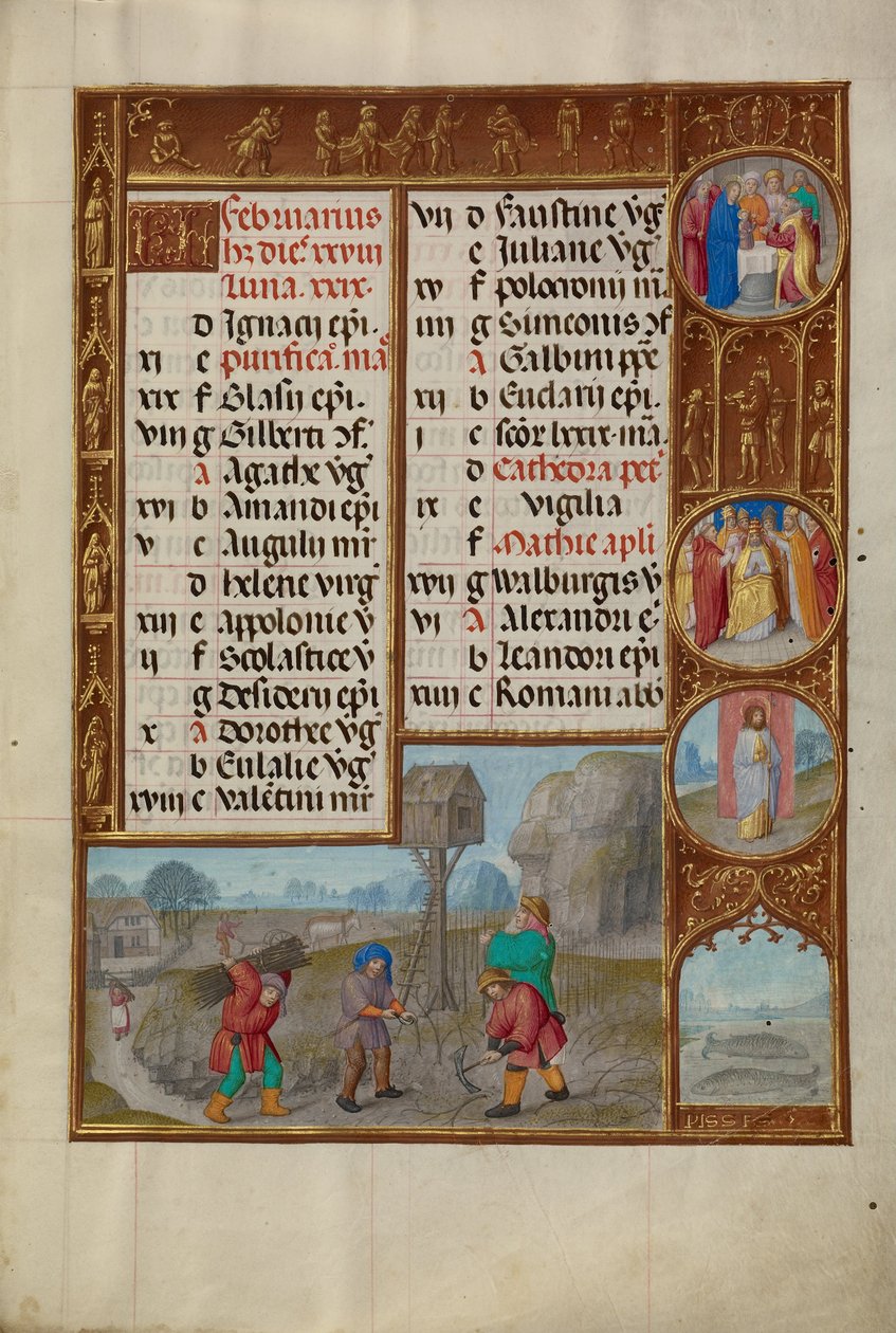 Werken in een wijngaard; Dierenriemteken Vissen door Workshop of the Master of James IV of Scotland