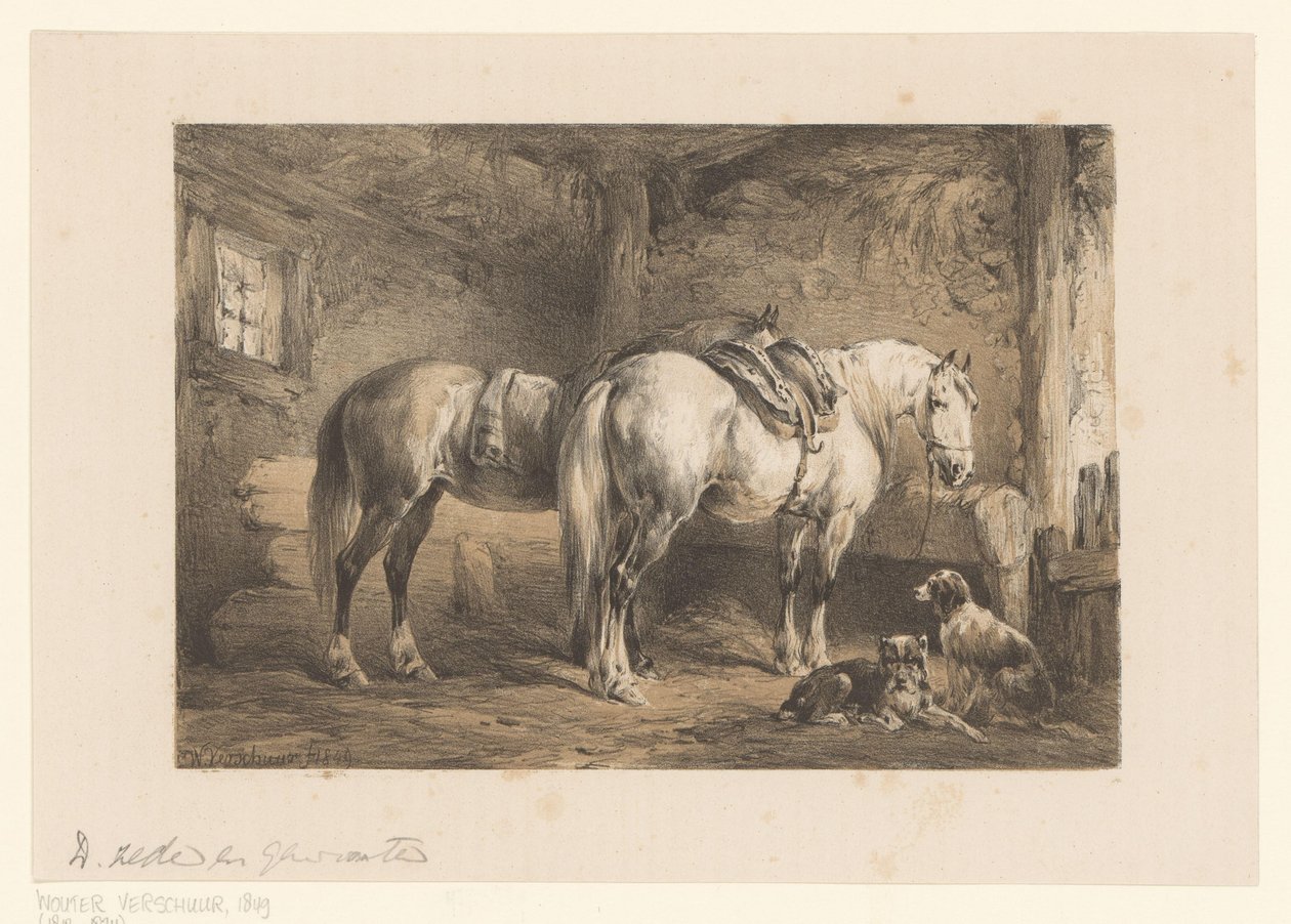 Twee paarden en honden in een stal door Wouter  Verschuur