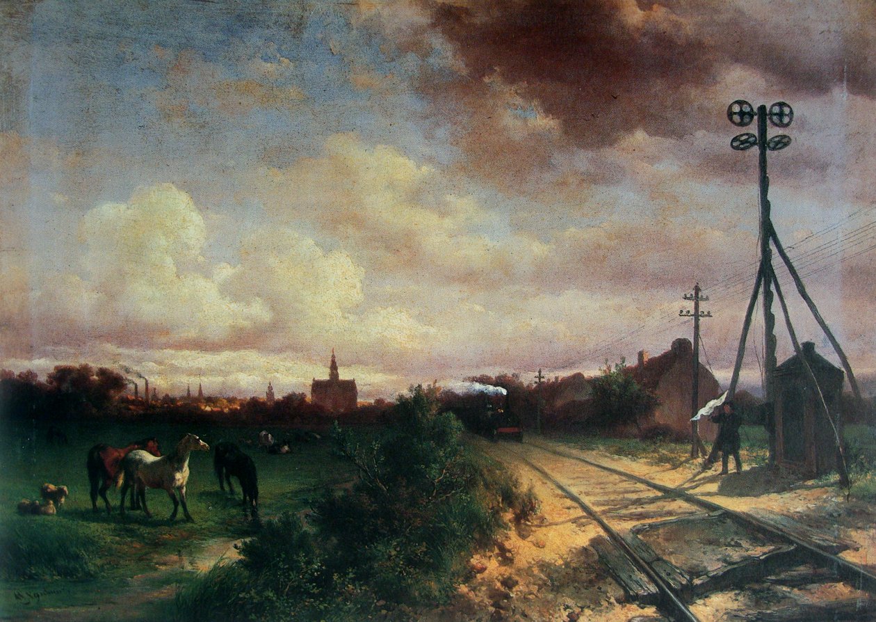 Schilderij van een veld met paarden, een trein en een seinwachter met vlag door Wouterus Verschuur