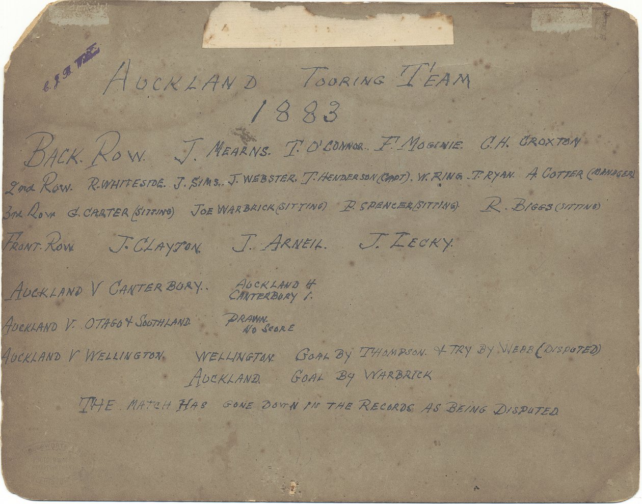 Auckland Touring Team, 1883 door Wrigglesworth and Binns