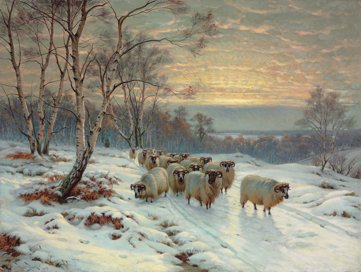Een herder met zijn kudde in een winterlandschap door Wright Baker