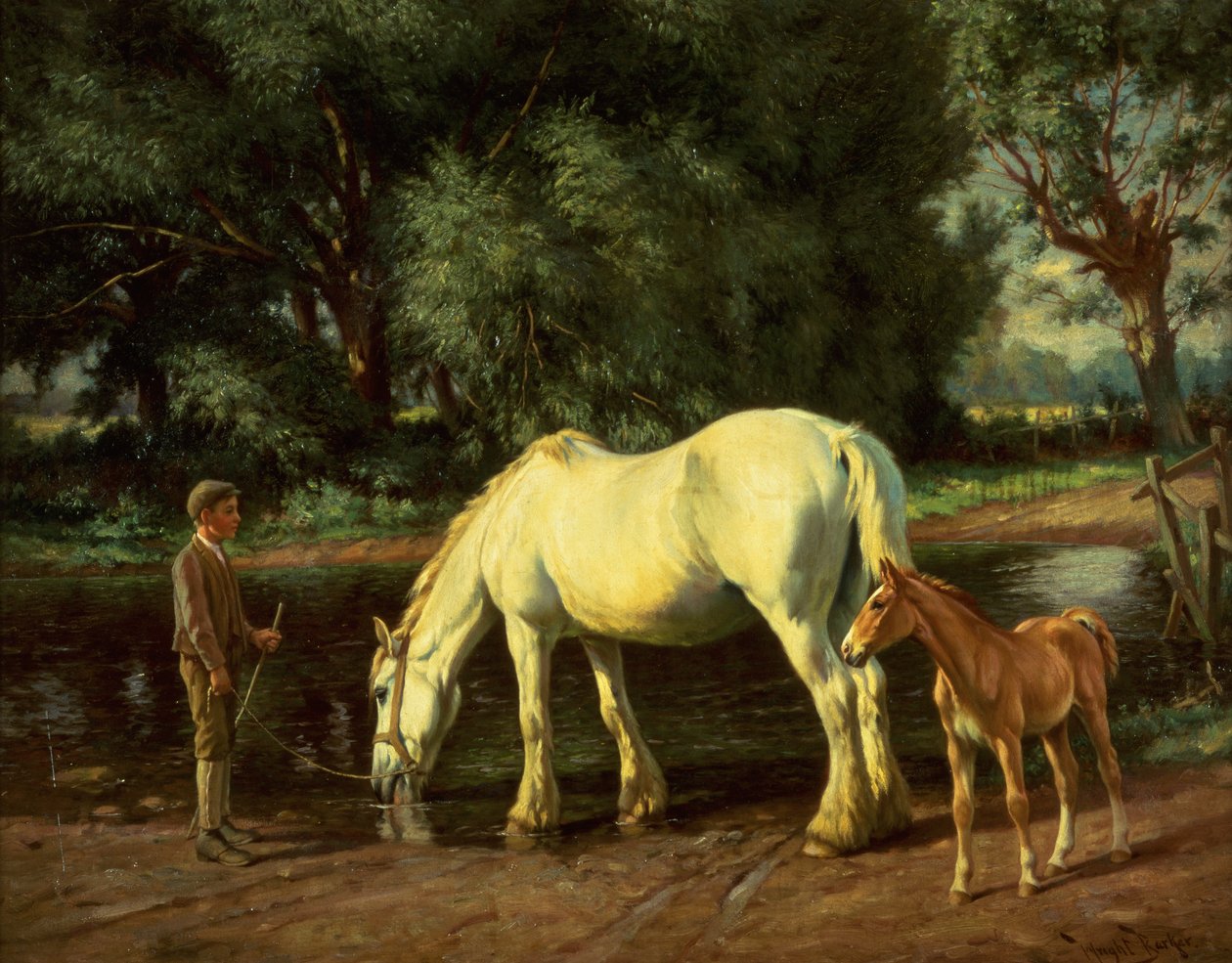 Een merrie en haar veulen bij een Ford (olieverf op doek) door Wright Barker