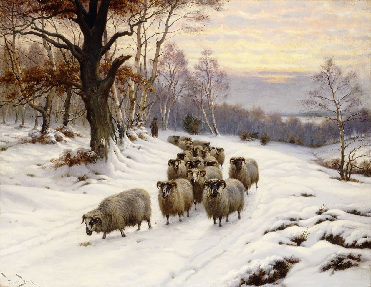 Een Herder en zijn Kudde op een Pad in de Winter door Wright Barker