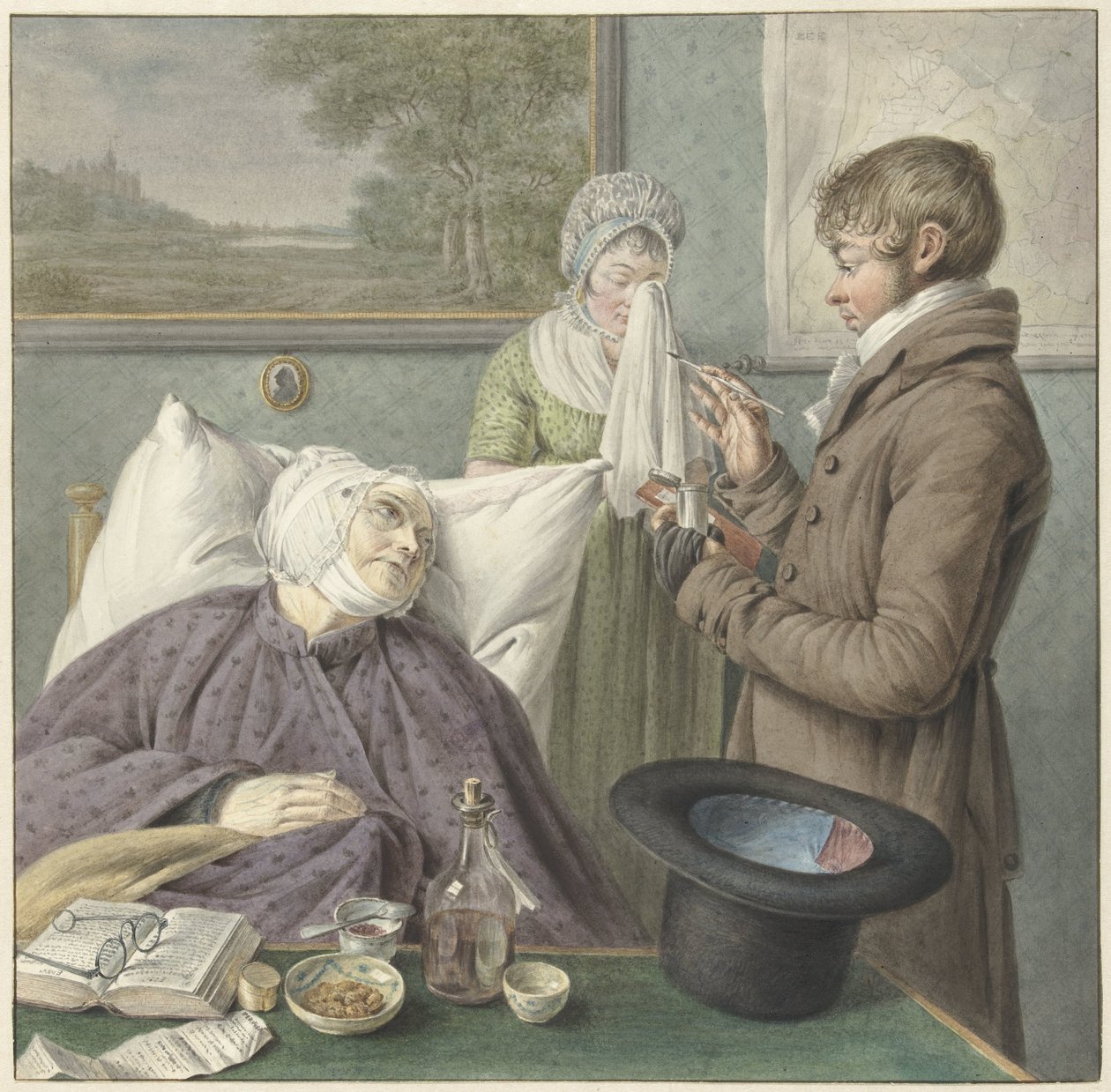 Arts bezoekt een zieke oude vrouw in bed door Wybrand Hendriks (attributed to)