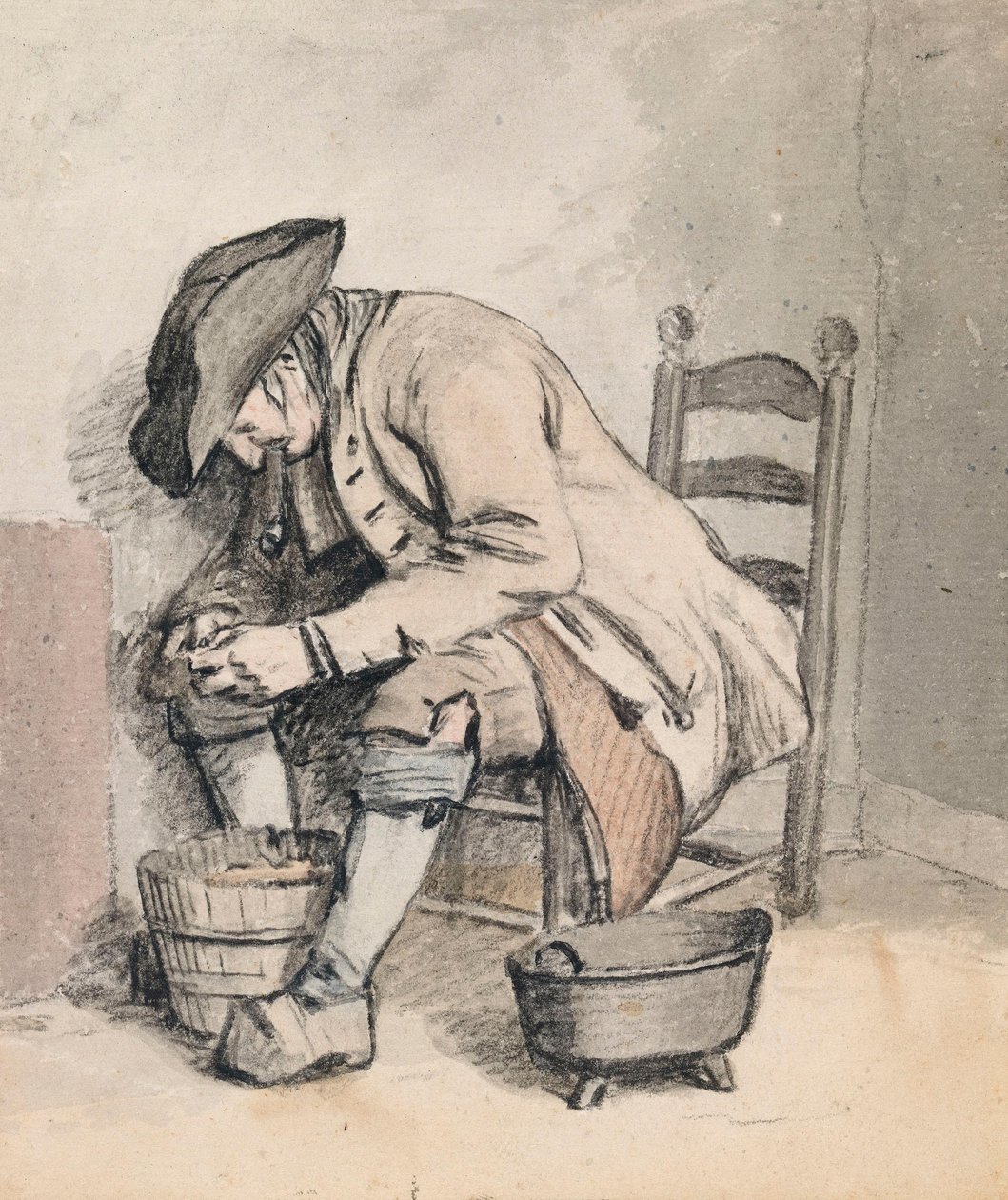 Een zittende man die voorovergebogen boven een emmer staat; drie vrouwen (in de schaduw) op de achterzijde door Wybrand Hendriks