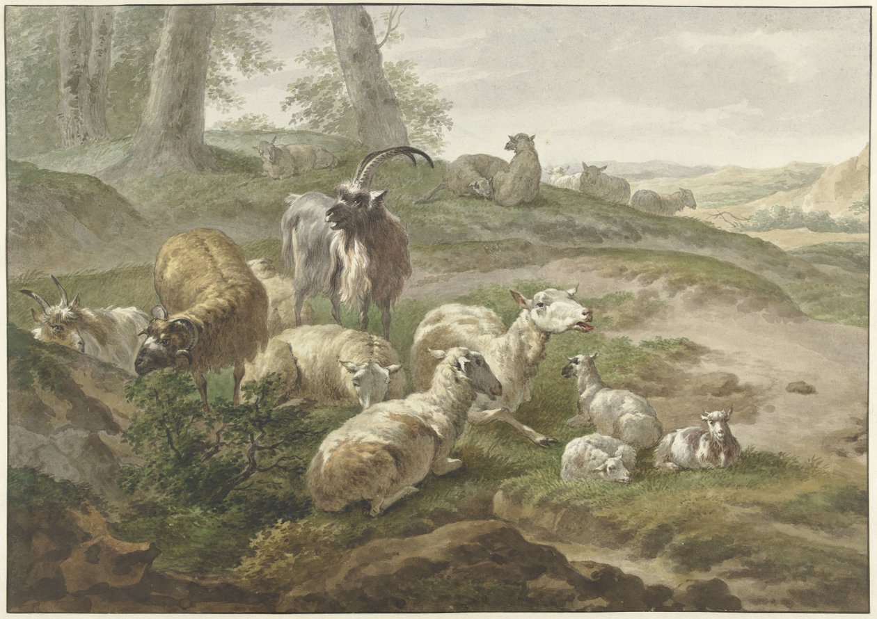 Bokken en schapen in een heuvelachtig landschap door Wybrand Hendriks