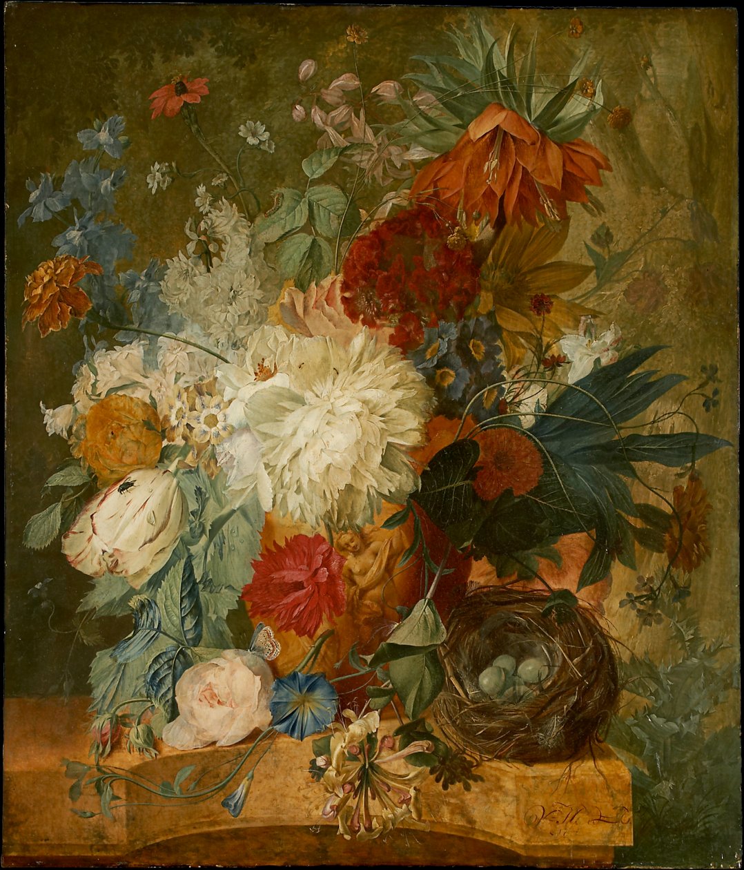 Stilleven met een boeket bloemen en een vogelnest door Wybrand Hendriks