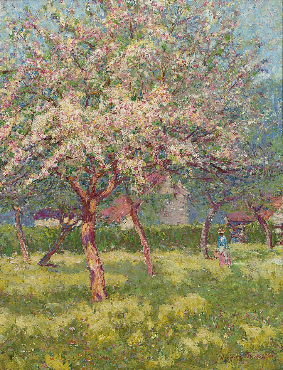 Een boomgaard in bloei door Wynford Dewhurst