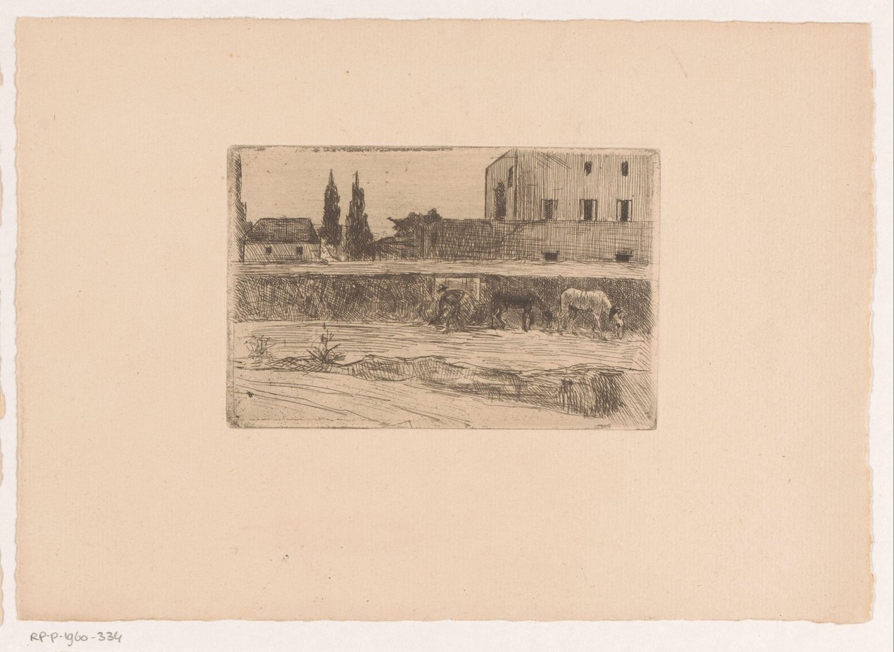 Landschap met bebouwing en een figuur aan het werk door Xavier Mellery (attributed to)