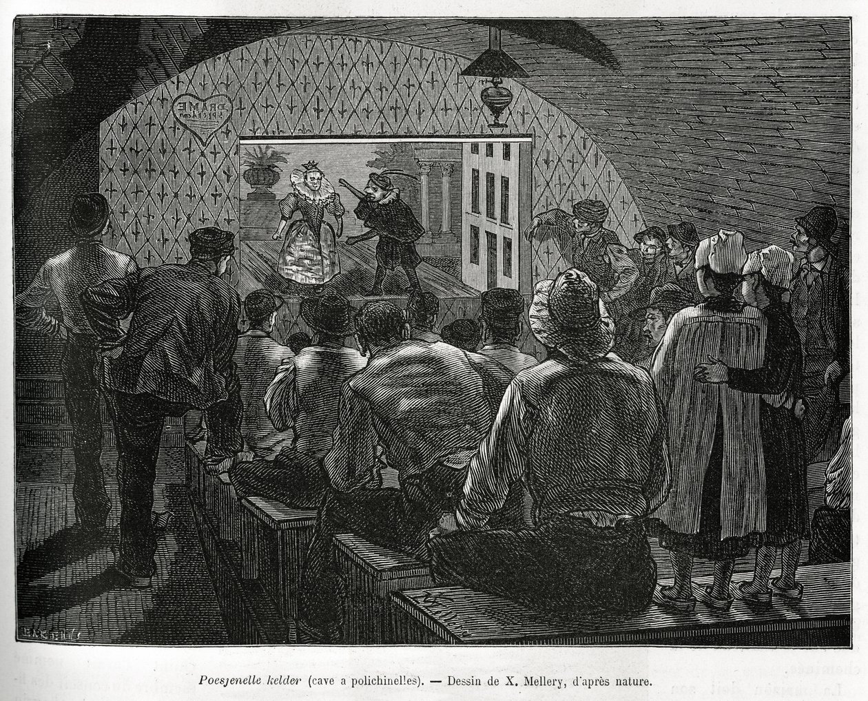 Kelder voor Polichinelles, een kelder ontworpen voor poppenshows. Gravure ter illustratie van het verhaal van België door Camille Lemonnier, gepubliceerd in de Tour du monde onder redactie van Edouard Charton (1807-1890) door Xavier Mellery