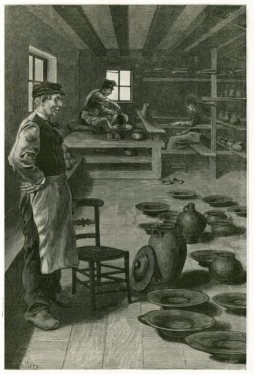 De pottenbakker van Terneuzen, in zijn werkplaats, vol met vazen en schalen, bij het raam, de pottenbakker werkt de klei op het harnas en zijn leerling, beneden, werkt de draaischijf. Gravure door X. Mellery, naar de natuur, ter illustratie van het verhaal door Xavier Mellery