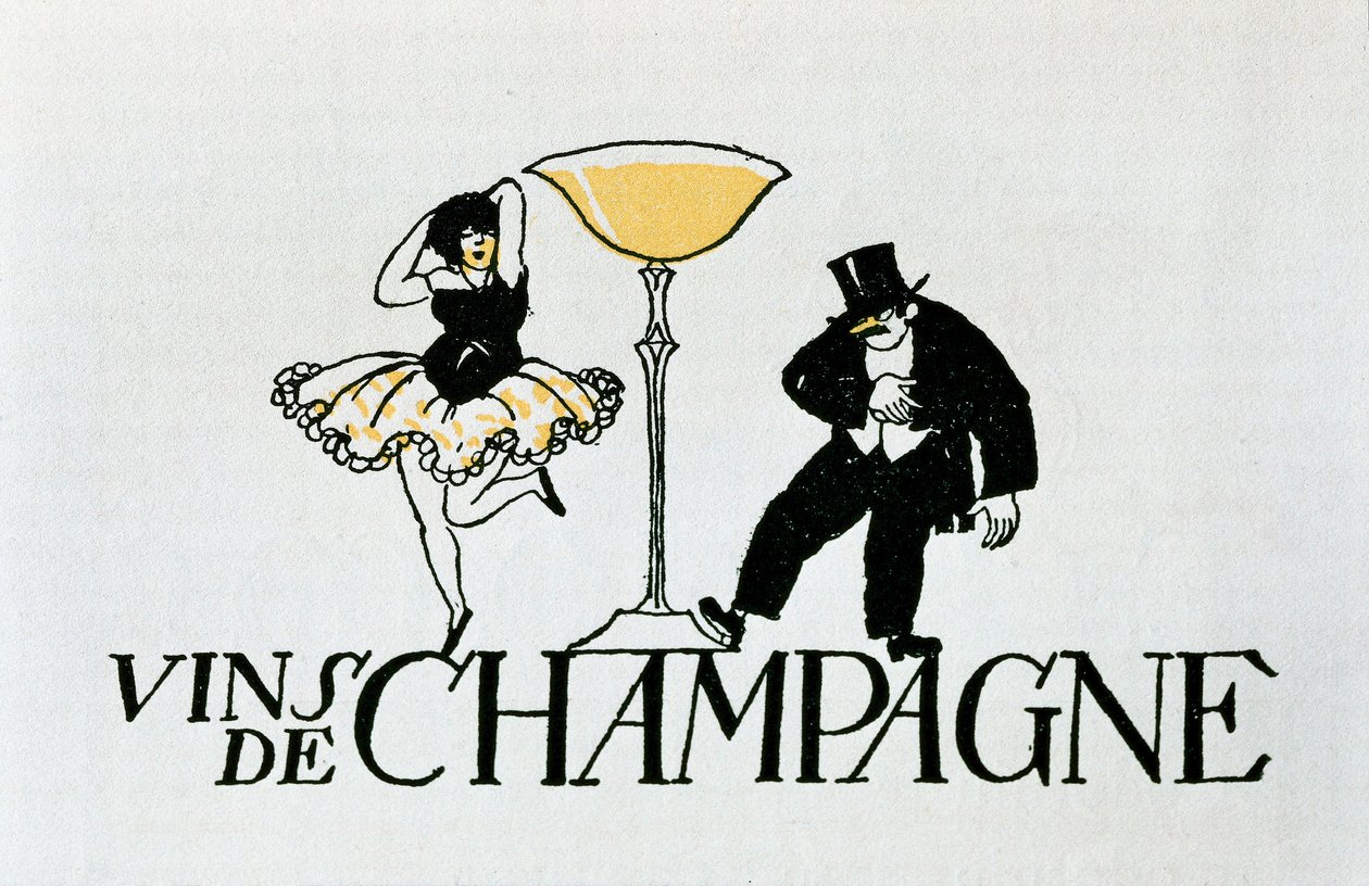 Advertentievignet voor Champagnewijnen die een dansend paar rond een beker voorstellen, 20e eeuw (poster) door Xavier Nogues