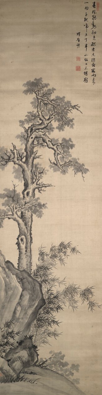 Wutongboom, bamboe en rots door Xiang Shengmo