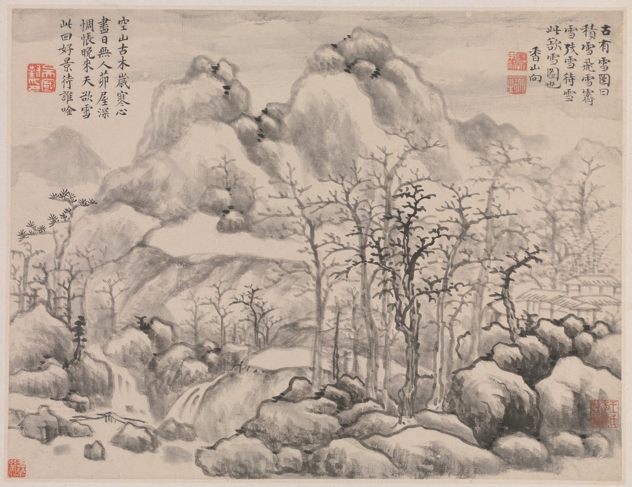 Sneeuwlandschap, uit Album voor Zhou Lianggong, dateerbaar 1645-55 (dubbel albumblad uit een verzamelalbum met twaalf schilderijen en tegenoverliggende pagina
